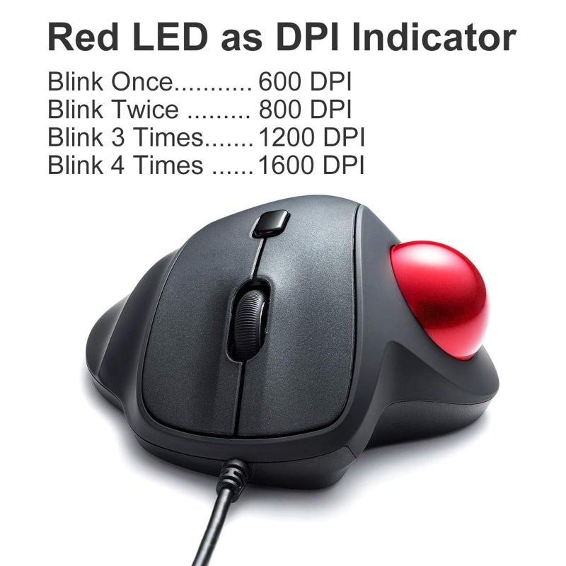 SANWA Wired Ergonomic Trackball Mouse, Optical Vertical Rollerball Mice, Silent Buttons, 34mm Trackball, 600/800/1200/1600 DPI, Compatible with MacBook, Laptop, Computer, Windows, macOS, Red - Image 3